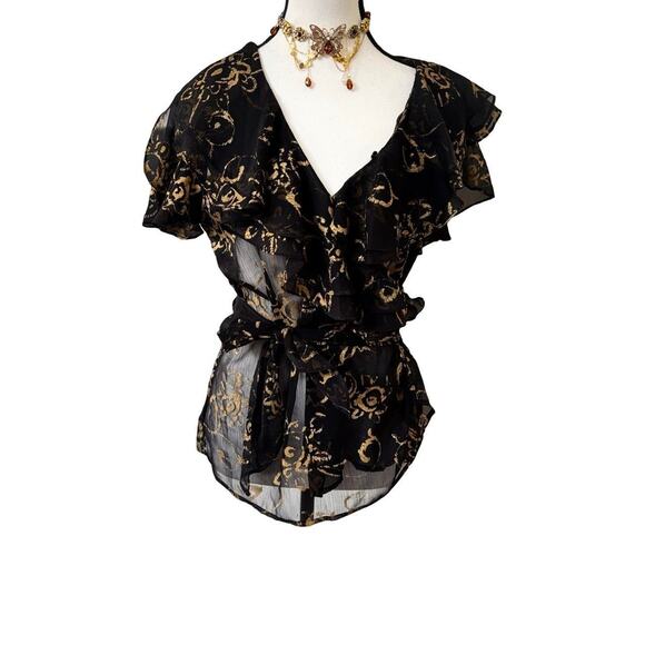 Ralph Lauren black and gold floral top sheer wrap blouse top sz. 10 large‎ euc. - Picture 1 of 8